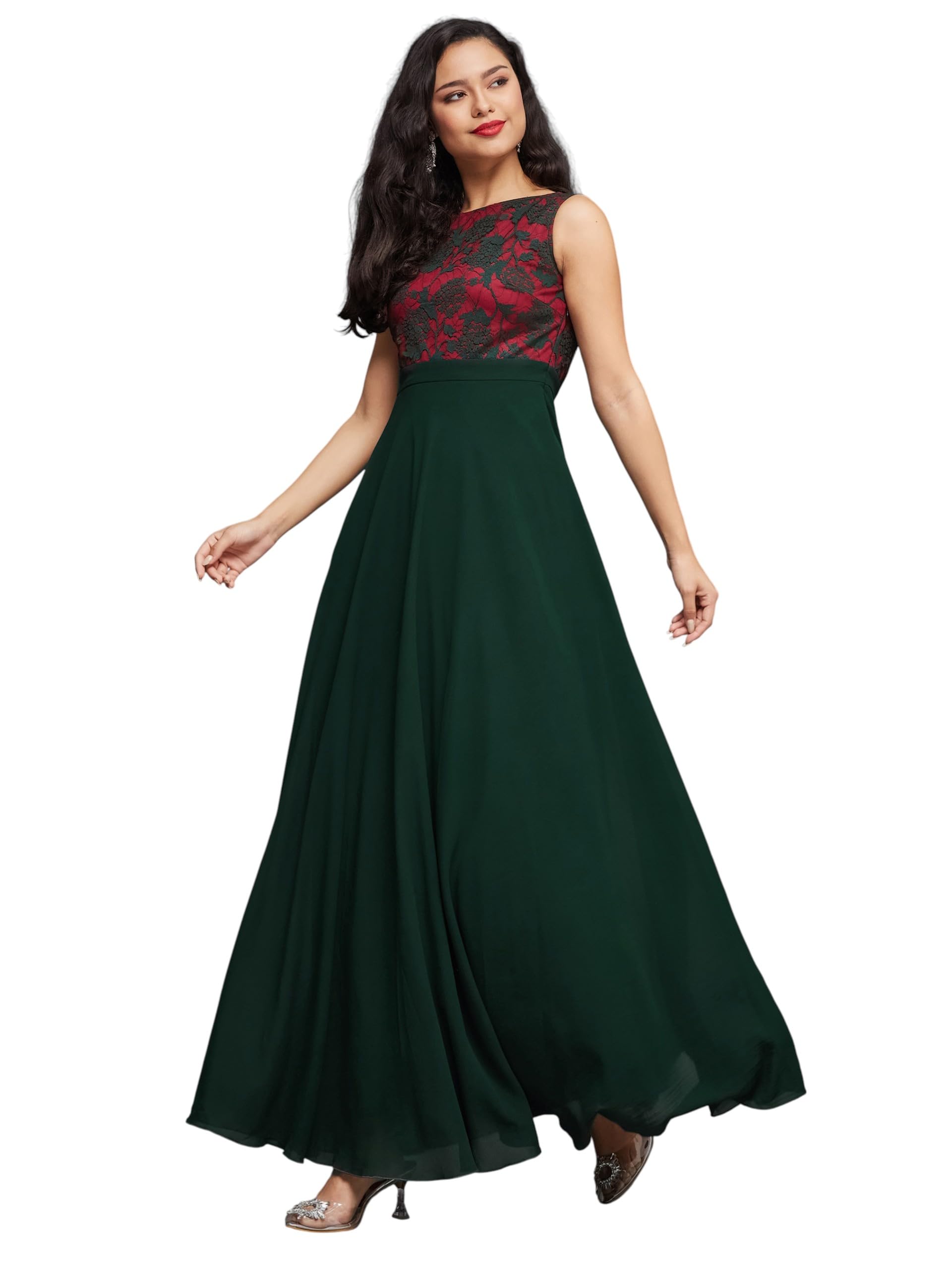 Miss Chase WomenS Round Neck Sleeveless Georgette Floral Lace Fitflare Maxi Dress (Mcaw25D88-98-Abe-07, Avocado Green, 2Xl)