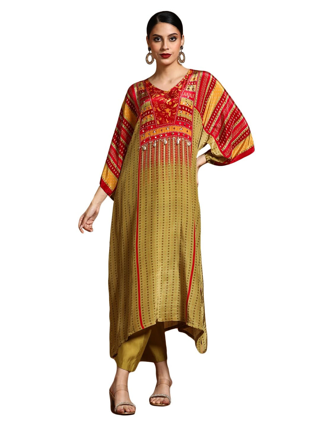 Varanga Women-Floral & Stripper Printed With Shell & Bead Embroidery Kaftan & Trouser