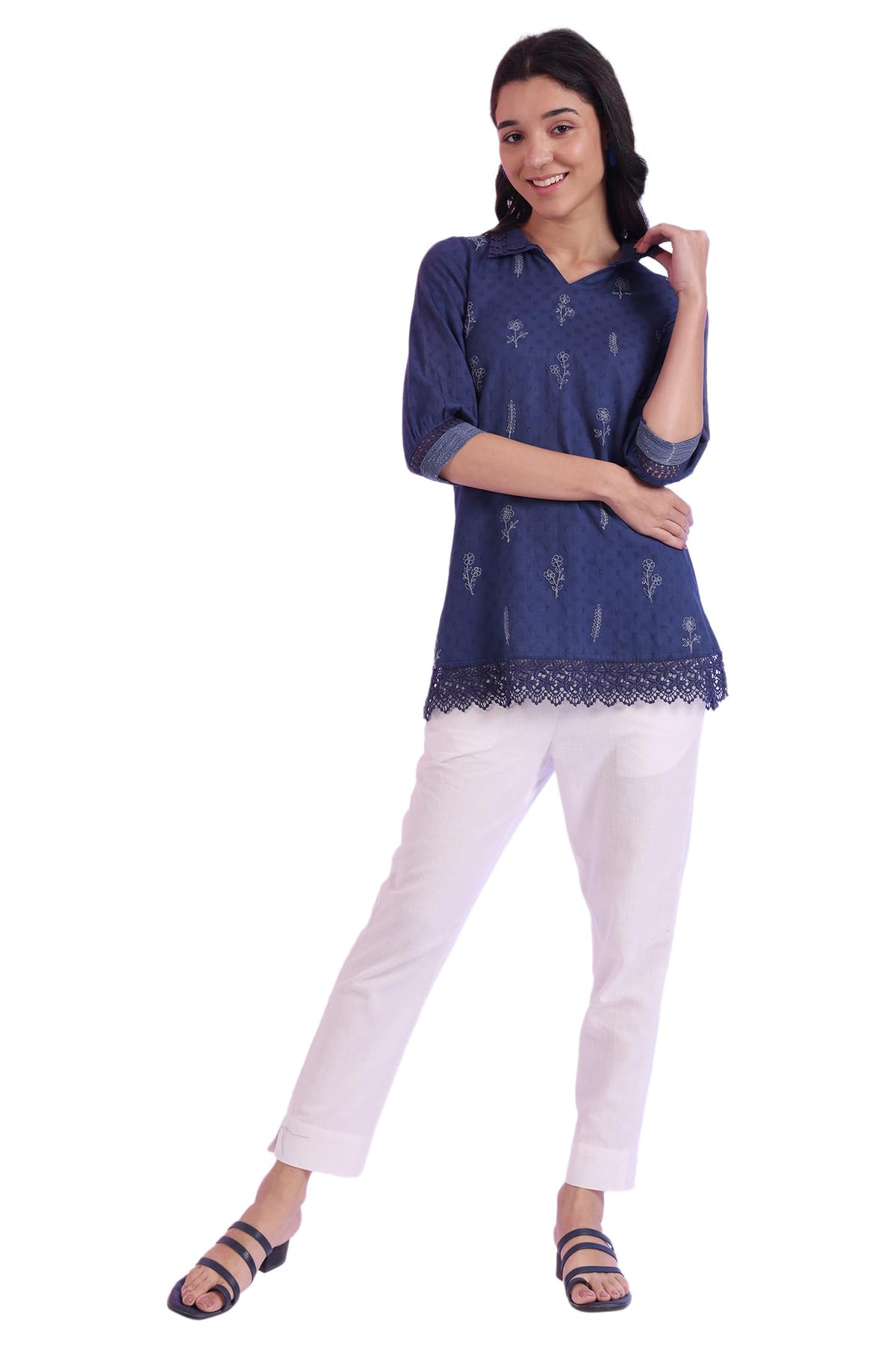 Aurelia Womens Blue Solid Pure Cotton Straight Kurti (Size: L)-A30499-608313