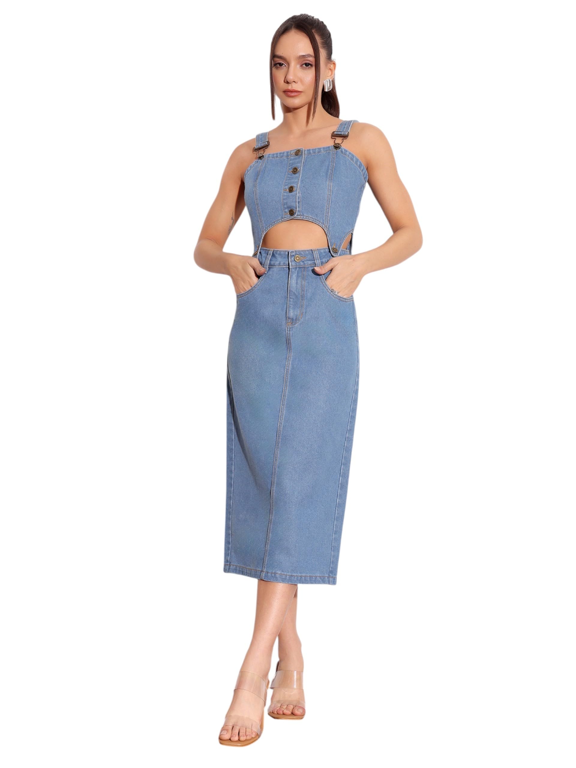 Miss Chase WomenS Square Neck Sleeveless Pinafore Detachable Midi Denim Co-Ord Set (Mcss24Den04-56-229-06, Royal Blue, Xl)