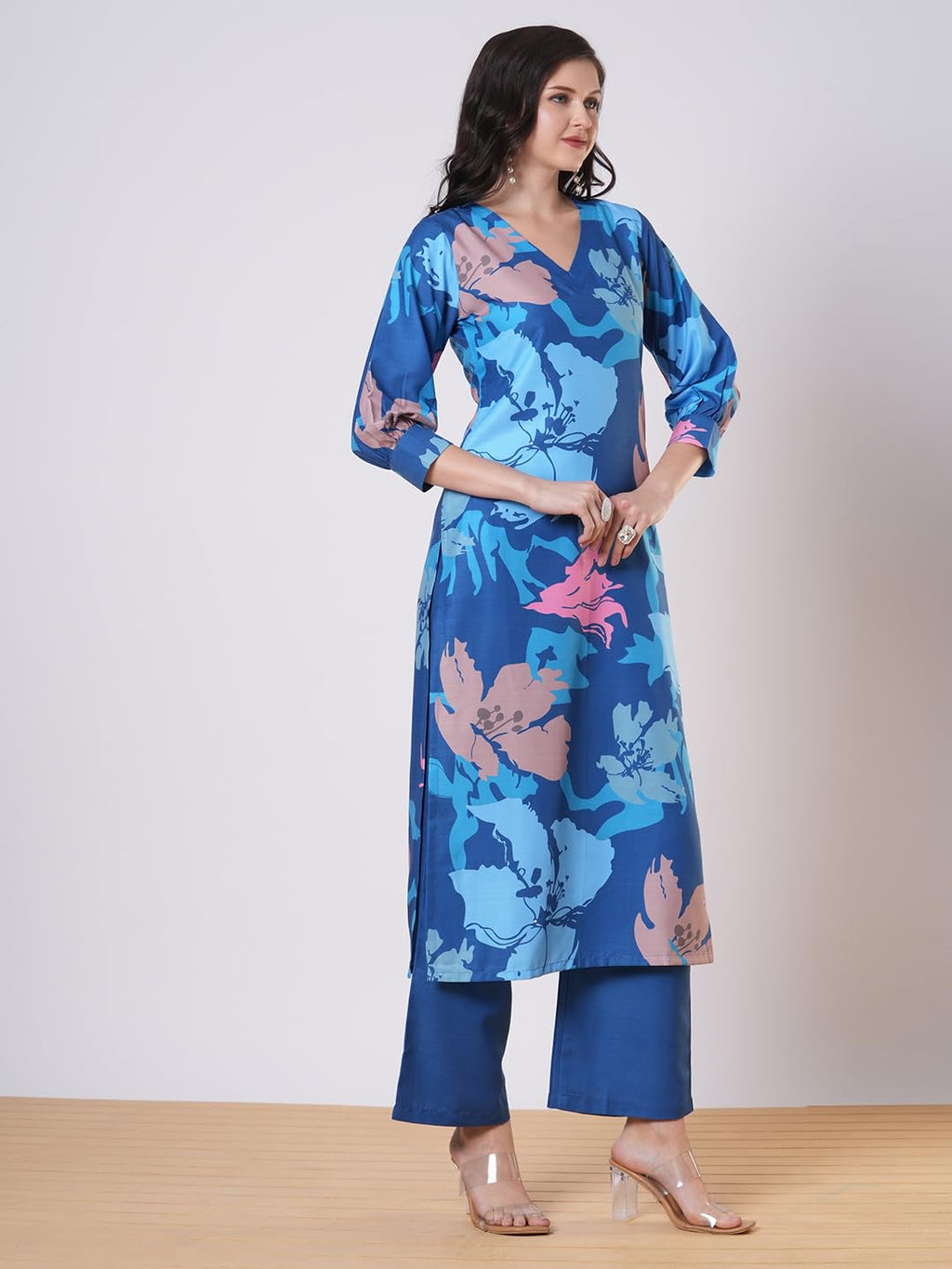 ANNI DESIGNER Women s Straight Printed Viscose Kurta with Trousers, dark blue, L