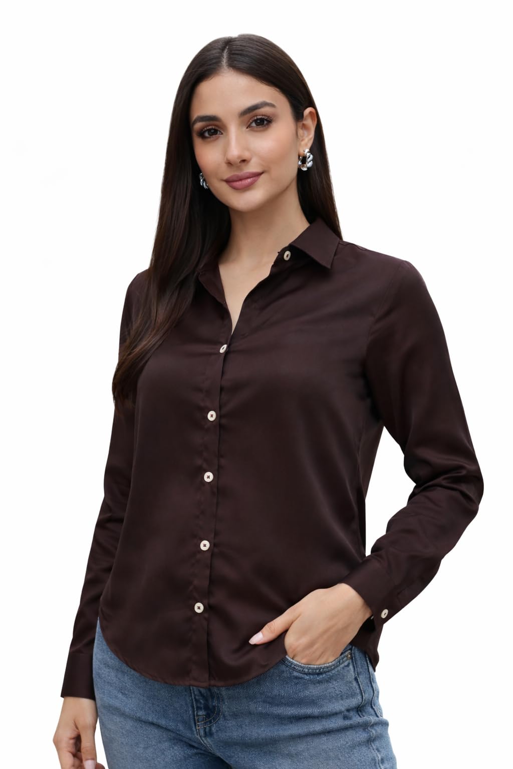 Amazon Brand  INKAST Womens Classic Solid Brown ButtonDown Shirt for Women (RDSWS085_S)