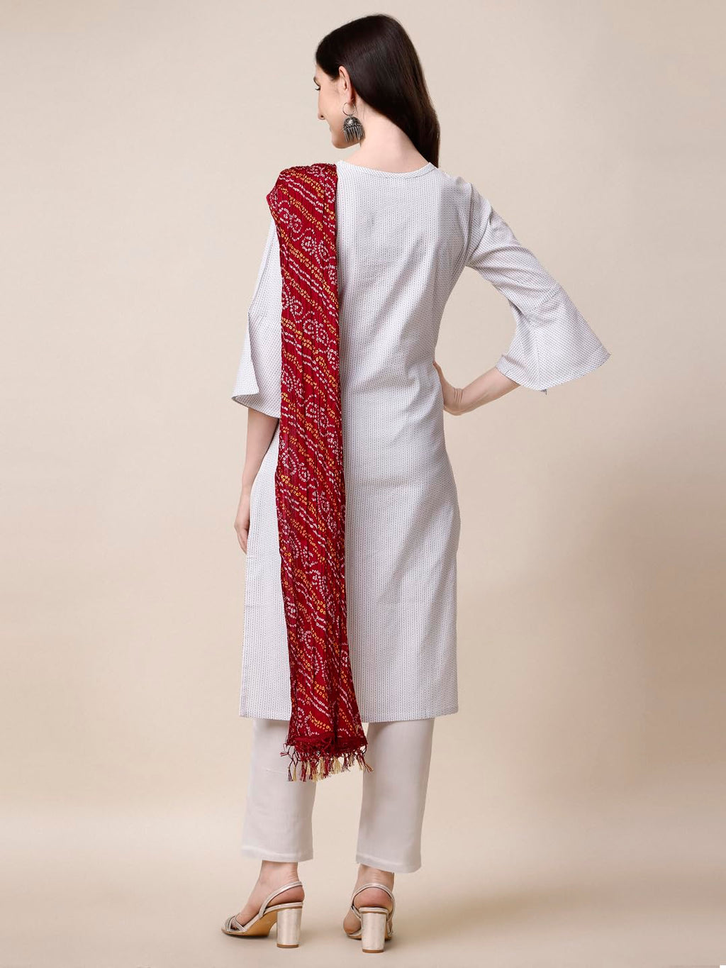 Fashion Basket Women Cotton Striped Printed Kurta Set With Pant & Dupatta (Small, White)