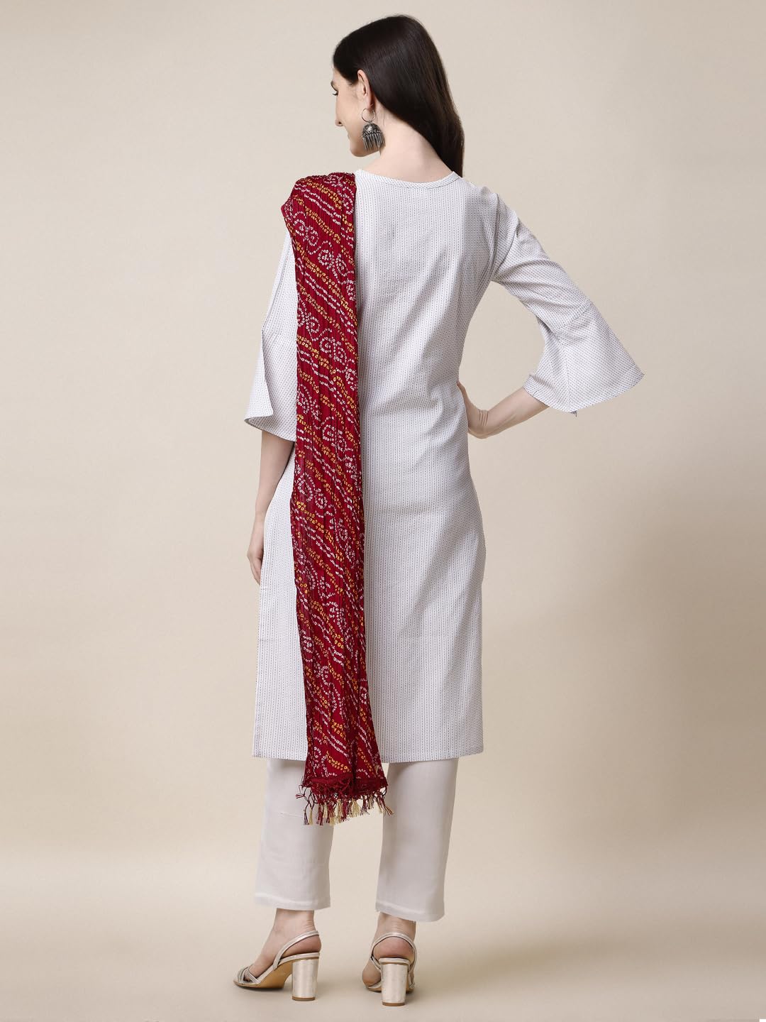 Fashion Basket Women Cotton Striped Printed Kurta Set With Pant & Dupatta (Small, White)