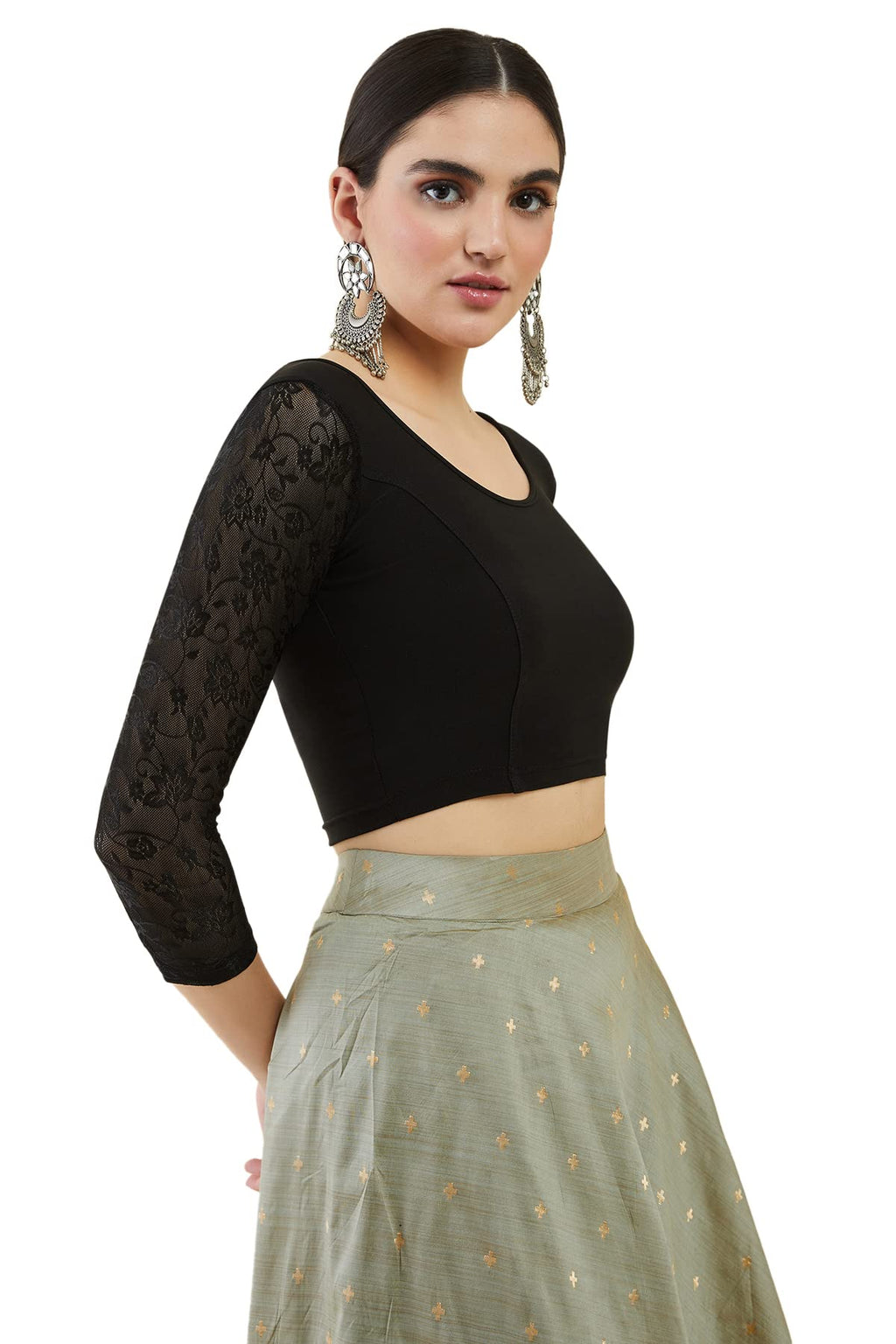 Soch Womens Black Spandex Princess Cut Blouse With Floral Sleeves