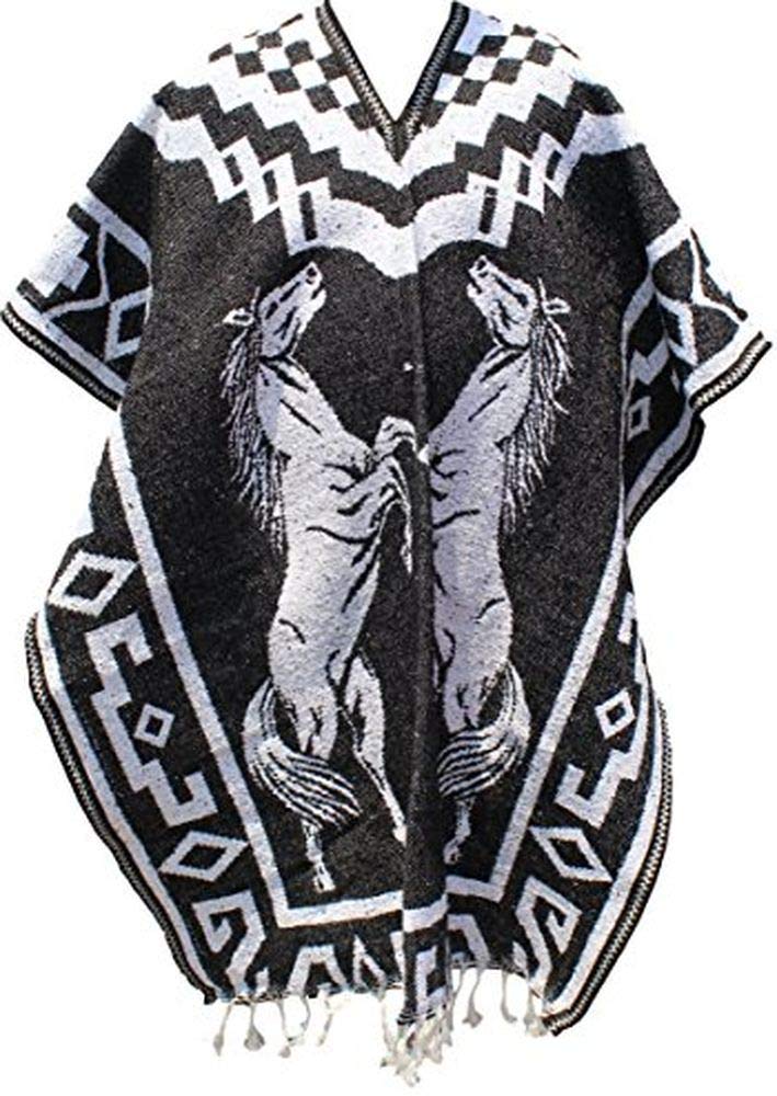 Del Mex Authentic Mexican Poncho Cobija Gaban Blanket -Black & White (Horses)