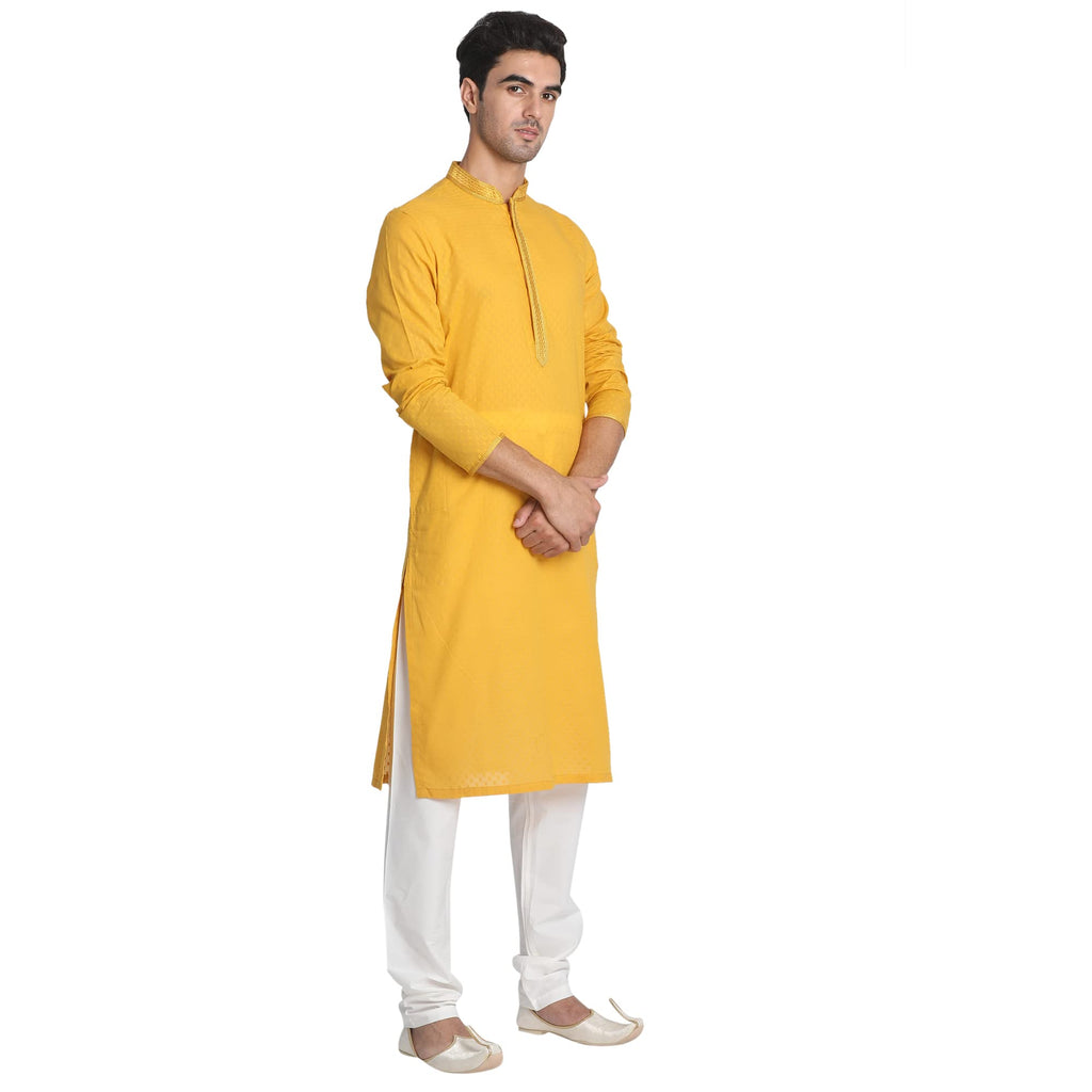 Manyavar Mens Mustard Yellow Self Booti Kurta Set