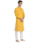 Manyavar Mens Mustard Yellow Self Booti Kurta Set