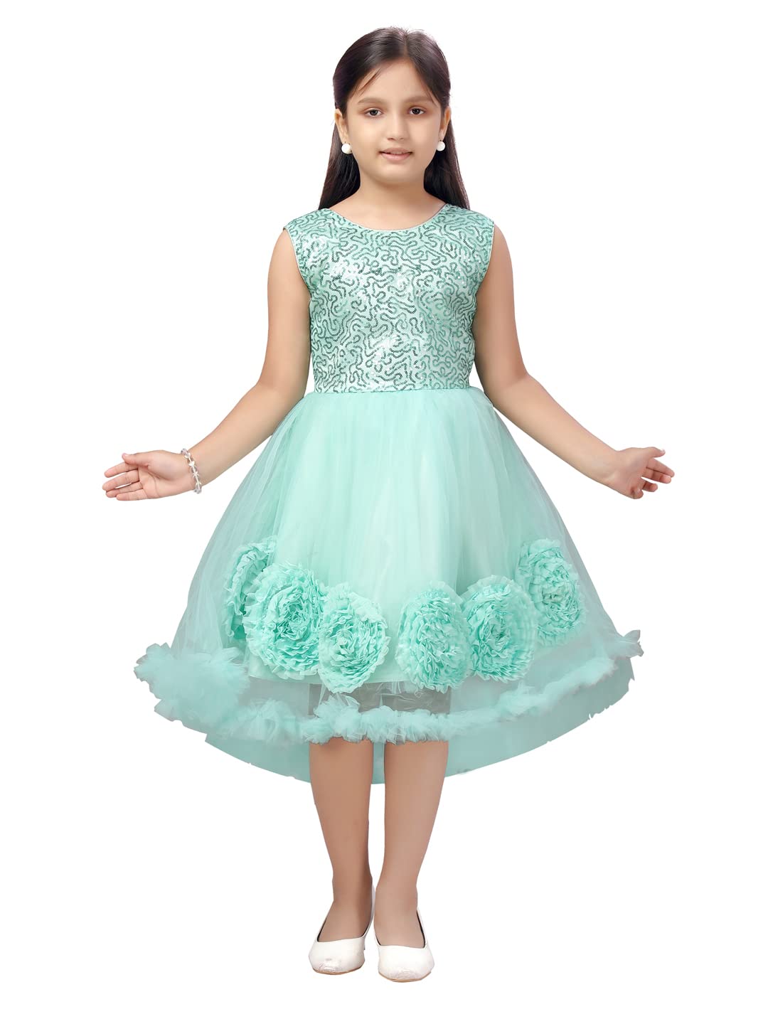 Aarika Girls Net Fit and Flare Knee-Length Dress (FK-3022_Turquoise_22)