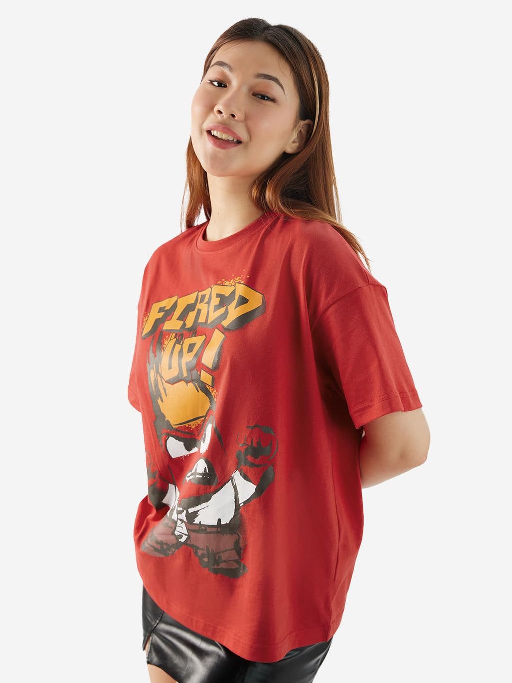 The Souled Store Official Inside Out: Fired Up Women and Girls Short Sleeves Round Neck Red Graphic Printed Cotton Oversized T-S