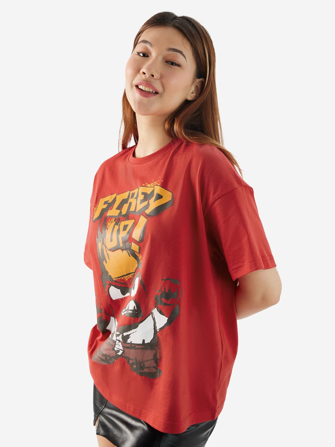 The Souled Store Official Inside Out: Fired Up Women and Girls Short Sleeves Round Neck Red Graphic Printed Cotton Oversized T-S