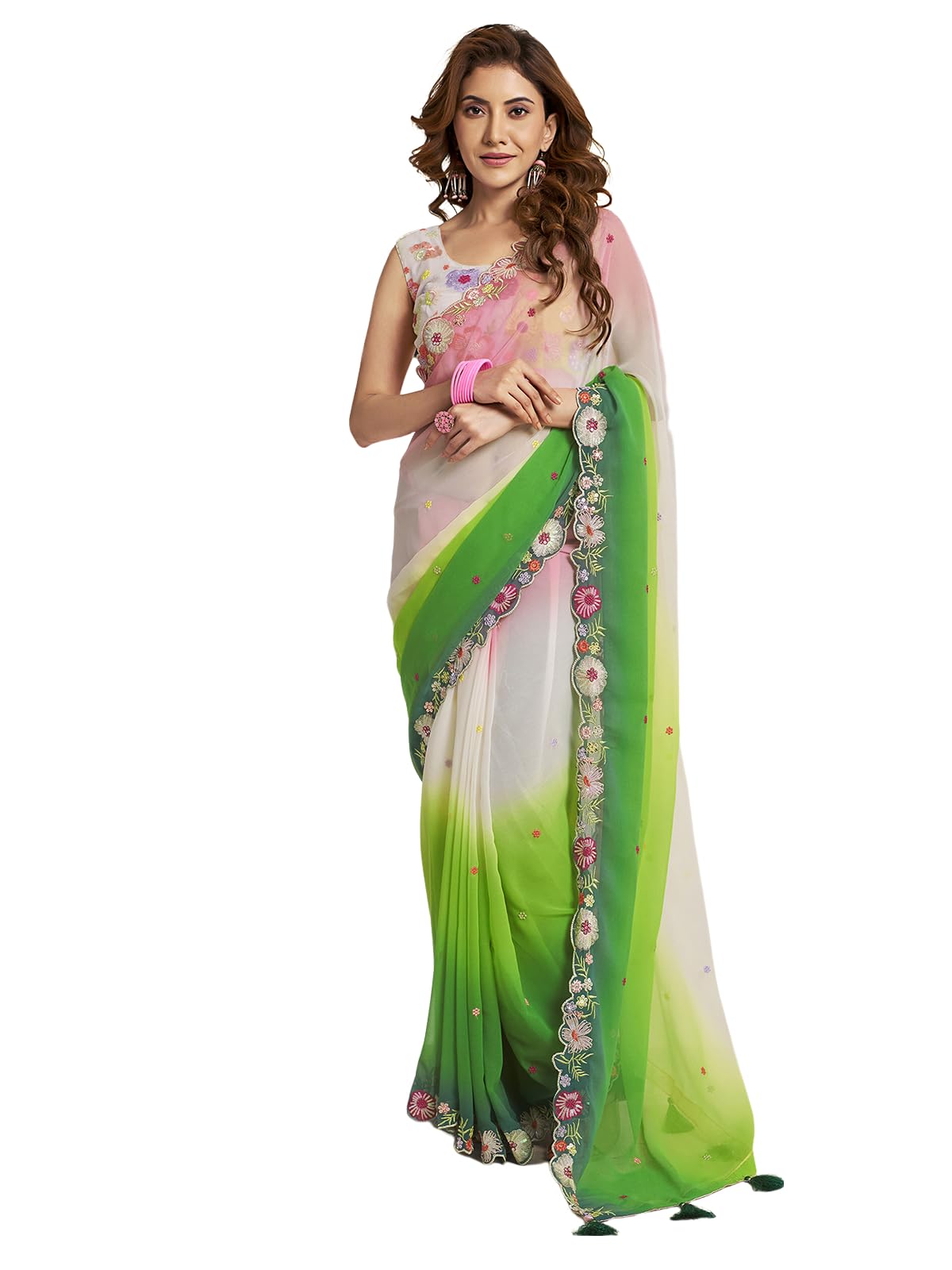Satrani Womens Georgette Sequence Embroidery Saree with Unstitched Blouse Piece (3791S151N_Green & Cream & Pink)