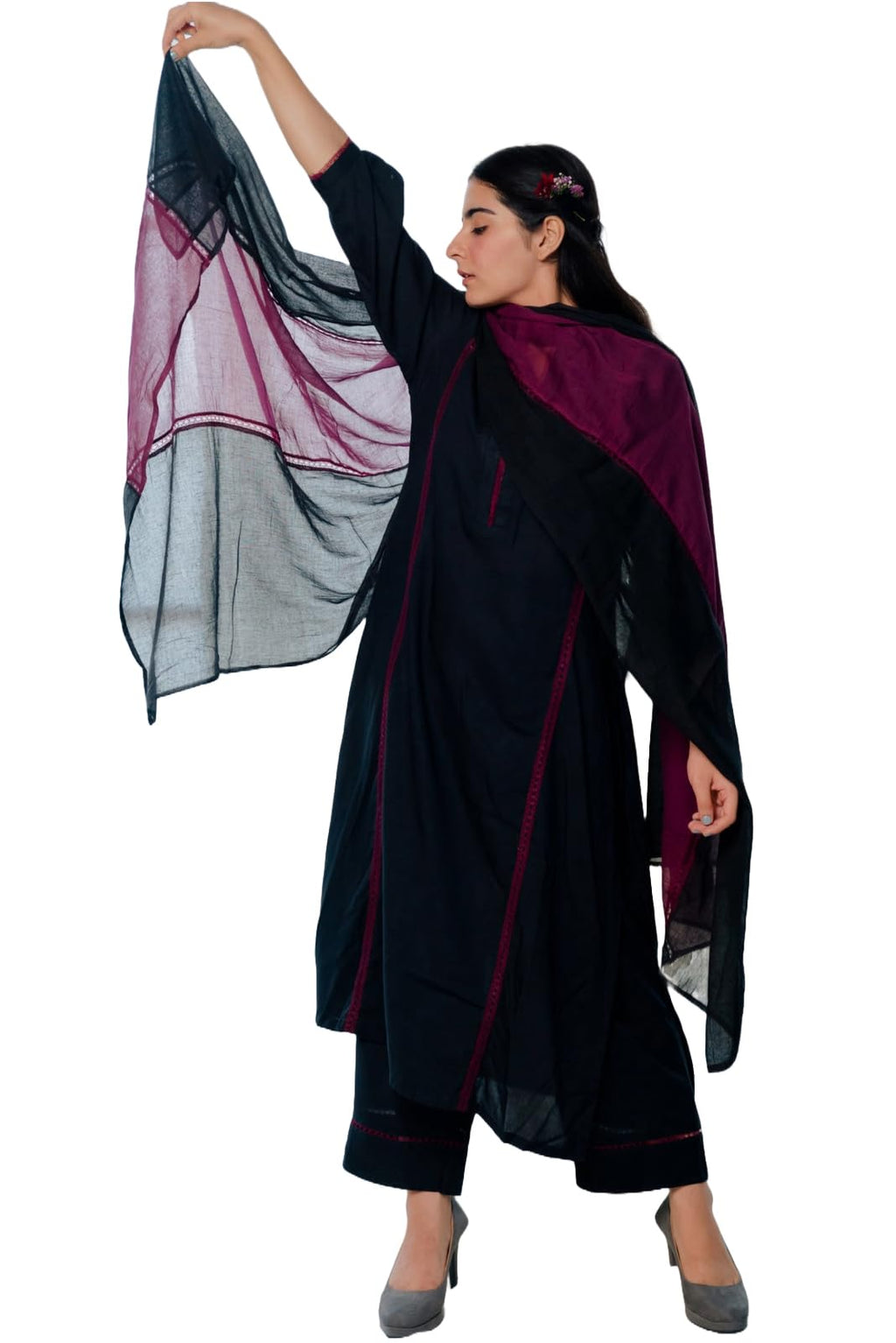 ANNI DESIGNER Women 's Plain Rayon Viscose Kurta with Trousers and Dupatta, Black, XL