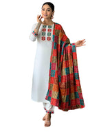 Naixa WomenS Off White Viscose Embroidered Straight Kurta With Viscose Pant And Silk Blend Printed Dupatta Sets (Nx-488-Offwhit