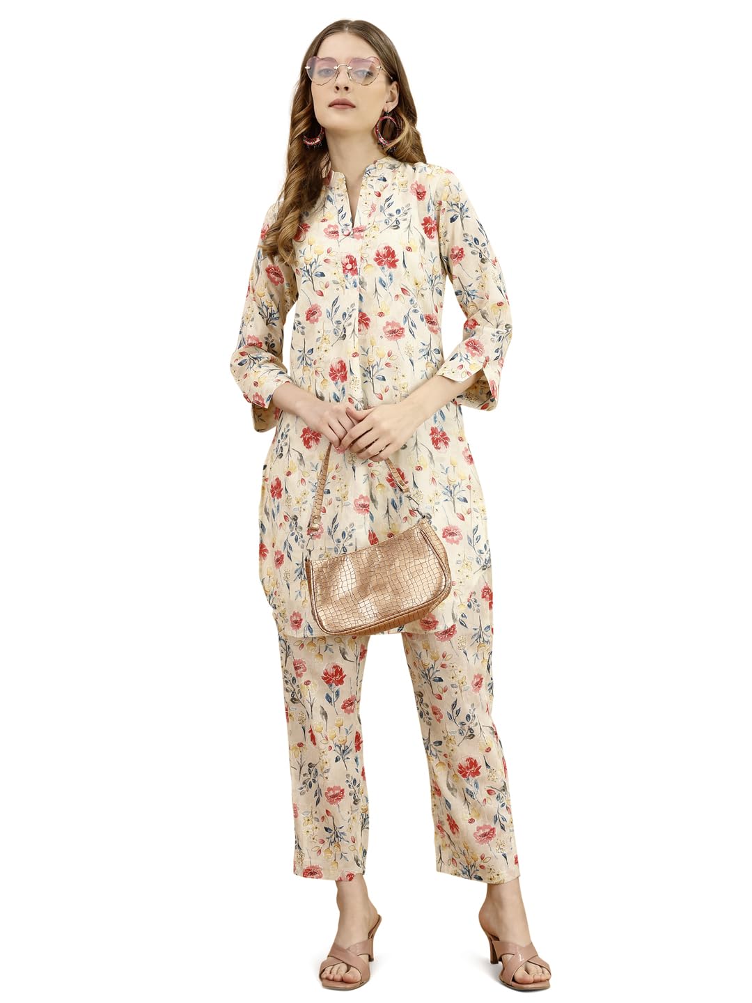 Womanista Women'S Off White Colour Pure Cotton Floral Printed Tunic With Trouser Co-Ord(Co-Ords_9074_Xxl)