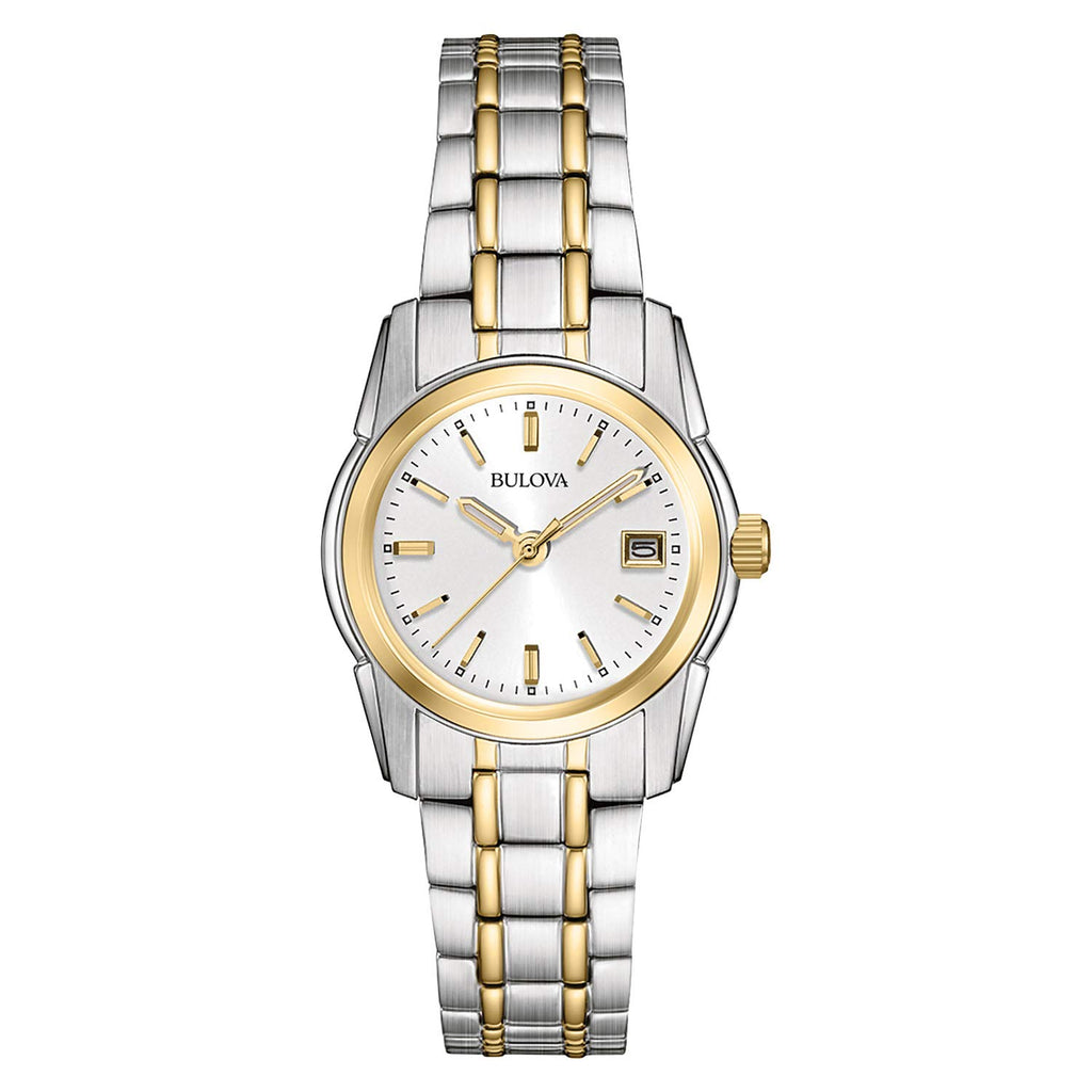 Bulova Ladies' Classic Two-Tone Stainless Steel 3-Hand Calendar Date Quartz Watch, Silver-White Dial (Style: 98M105)