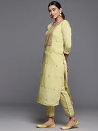 Varanga Women Beige Embroidered Straight Kurta Paired With Tonal Embroidered Bottom And Embroidered Dupatta