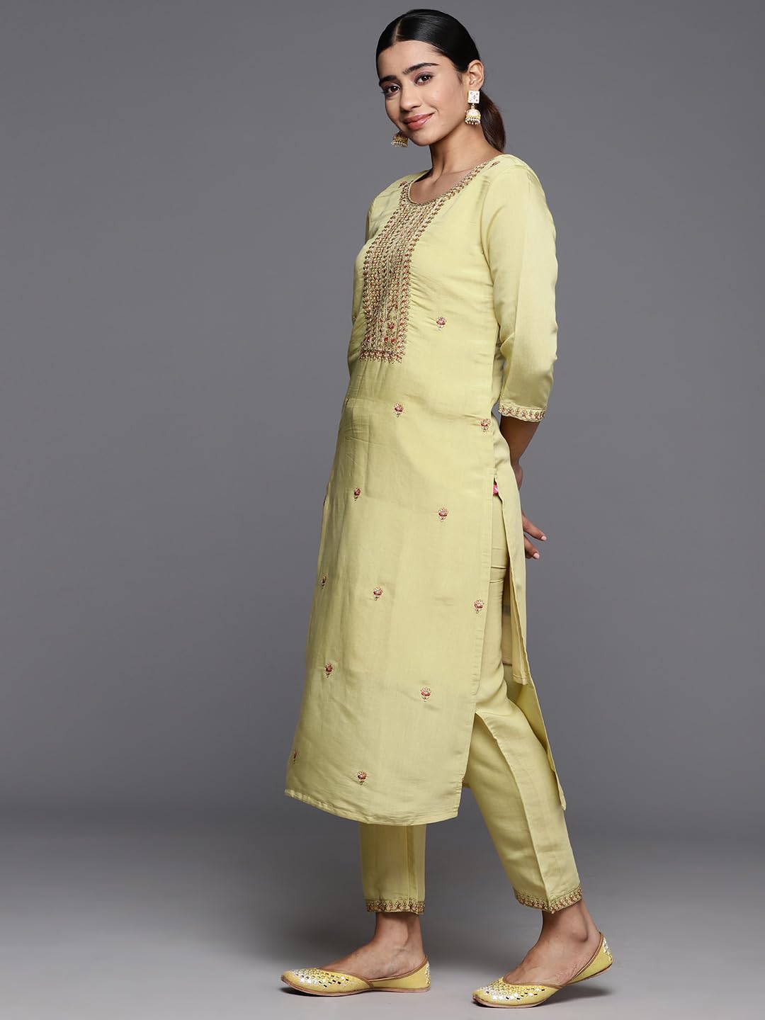 Varanga Women Beige Embroidered Straight Kurta Paired With Tonal Embroidered Bottom And Embroidered Dupatta