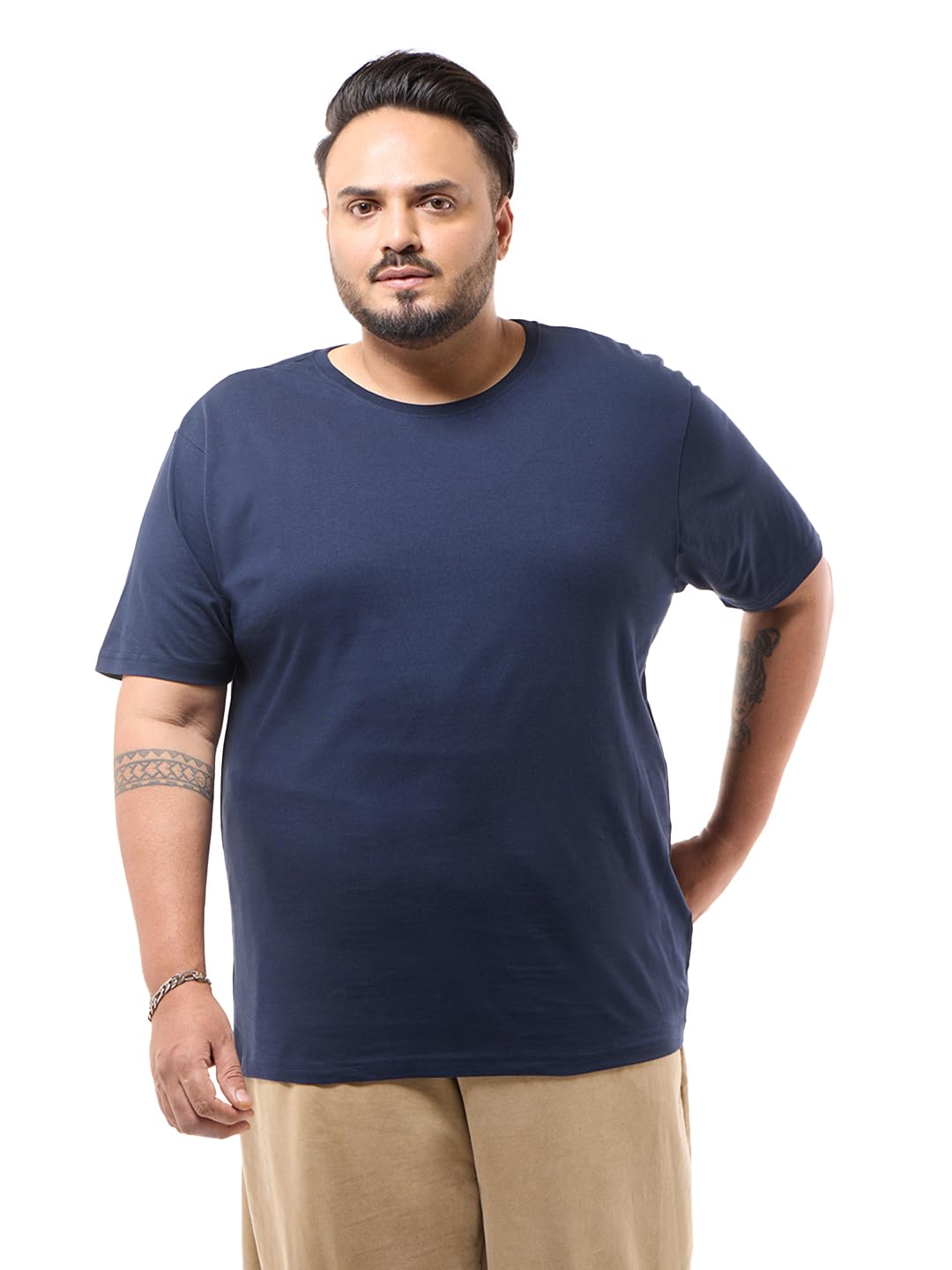 Bewakoof Mens Solid Regular Fit Half Sleeve Round Neck Cotton Plus Size T-Shirt_581025_Blue_4XL