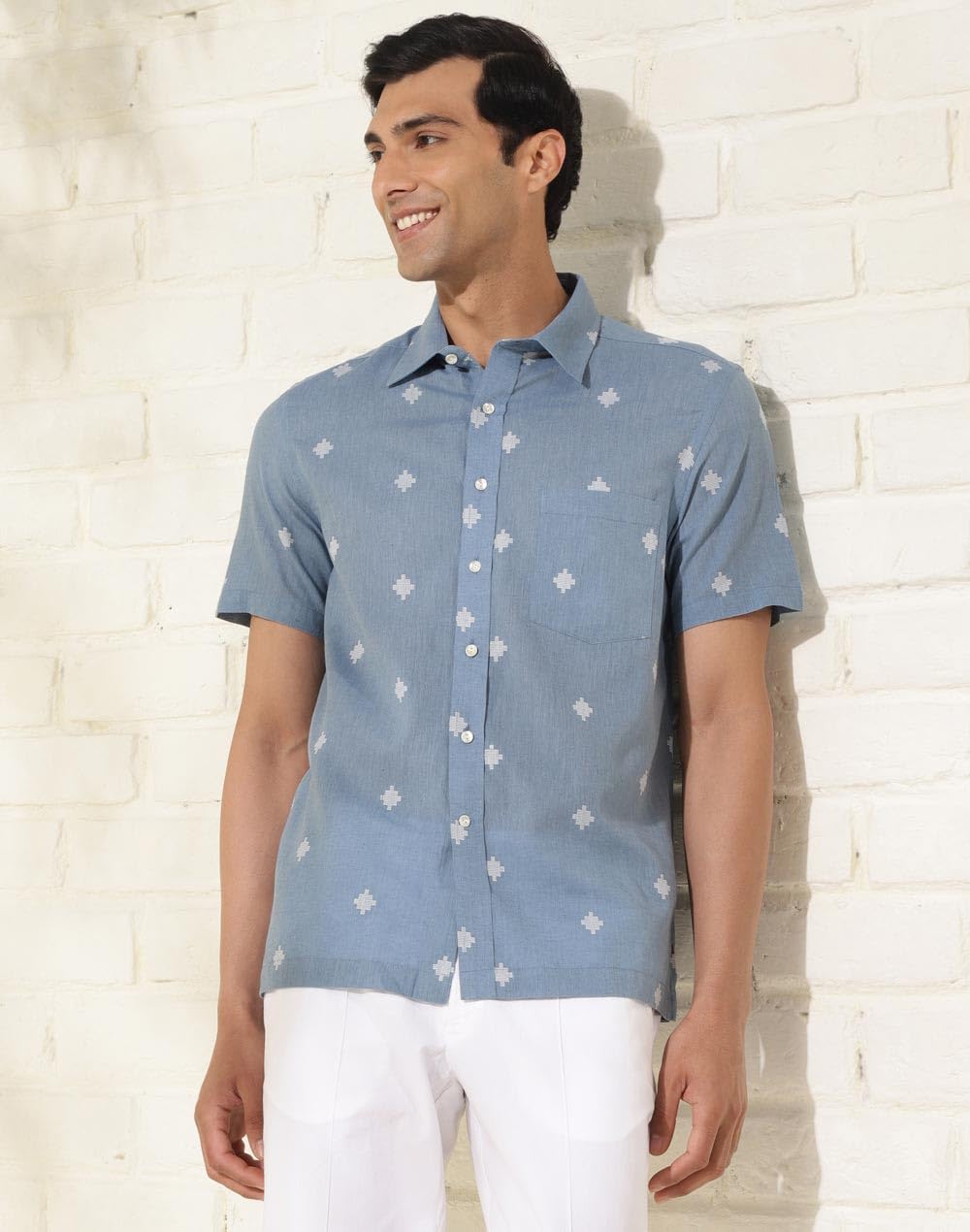 Fabindia Mens Self Design Straight Fit Shirt (2120190BLUE_Blue