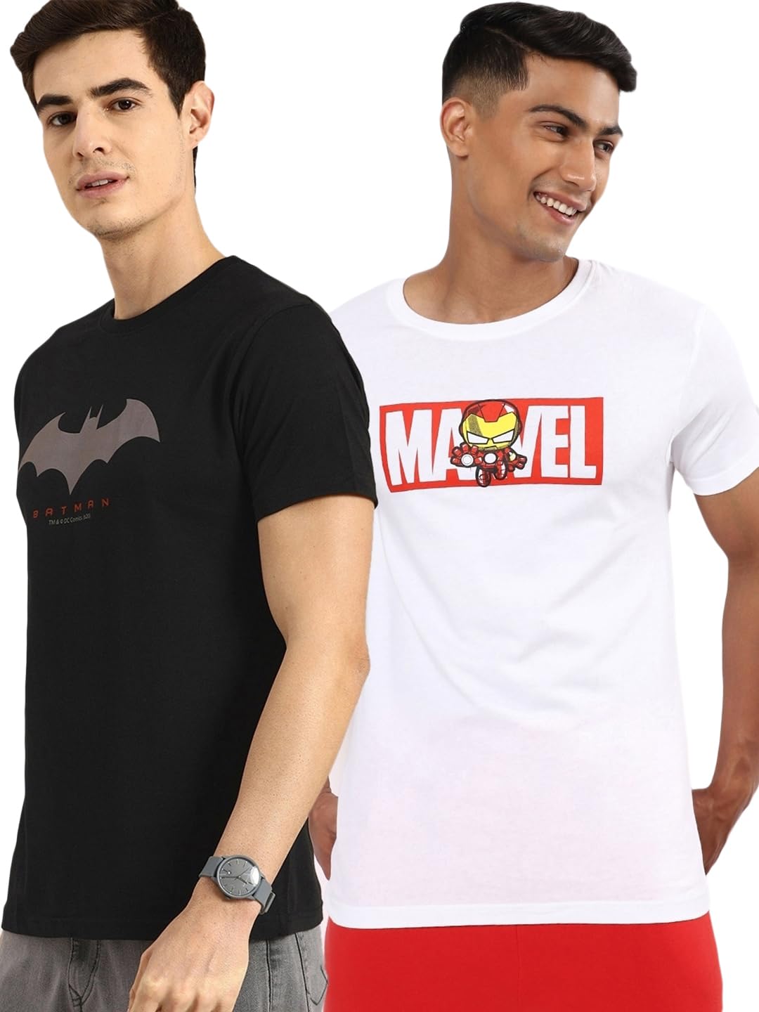 Bewakoof X Official DC Comics Merchandise Mens Graphic Printed 100% Cotton T-Shirt (Pack of 2) - Regular Fit, Round Neck, Half 