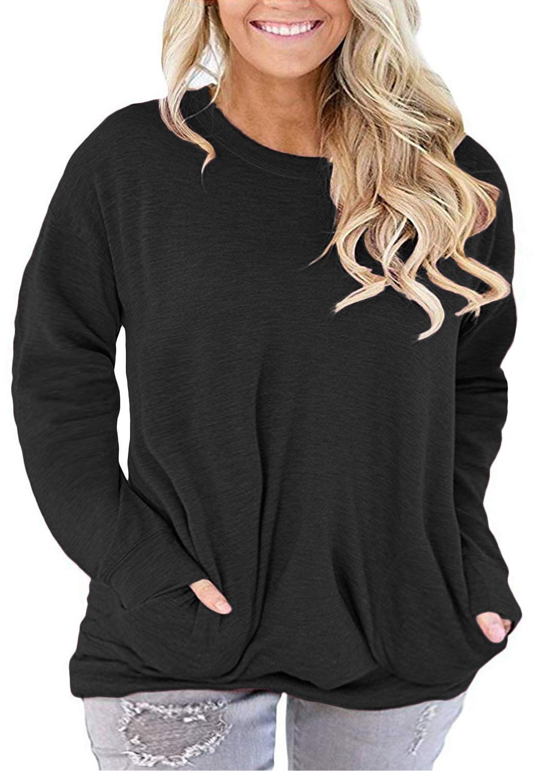 Womens Plus Size Solid Color Tops Casual Round Neck T-Shirt Blouse Shirts Black 20W