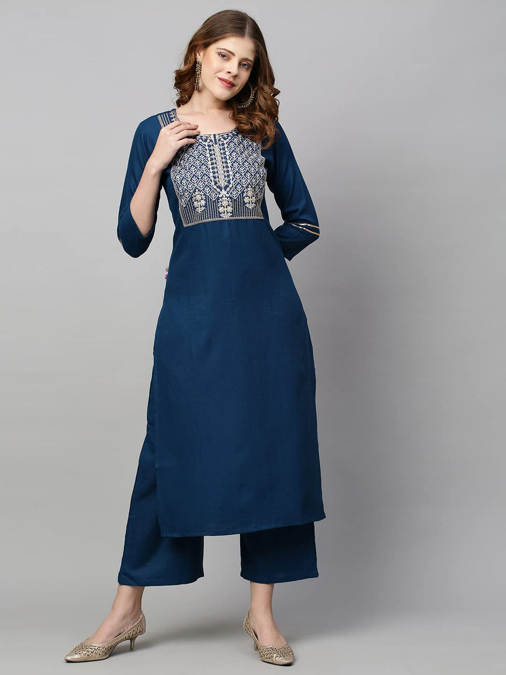 ANNI DESIGNER Womens Cotton Blend Straight Embroidered Kurta with Pant & Dupatta (Mahuni) Blue