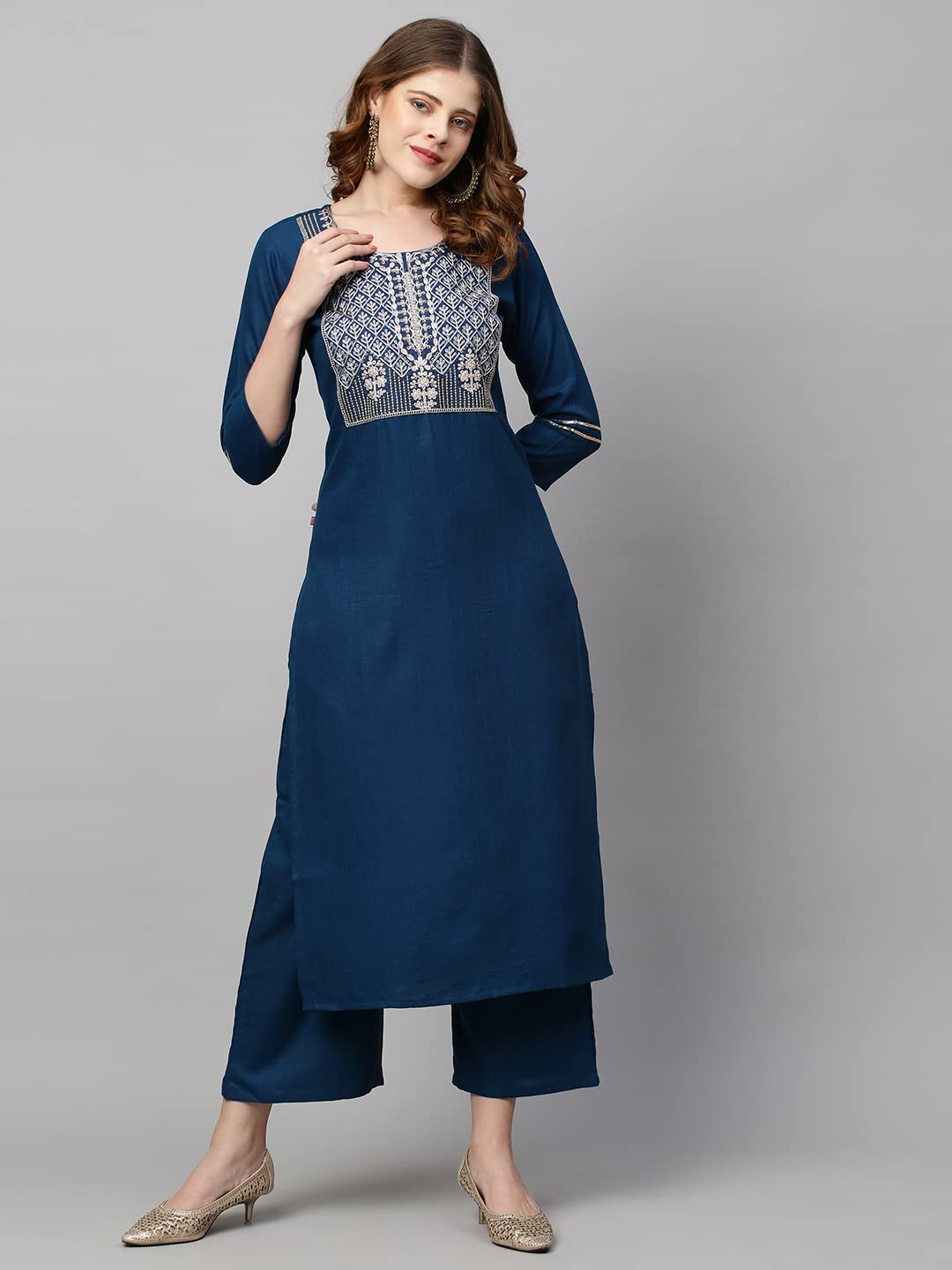 ANNI DESIGNER Womens Cotton Blend Straight Embroidered Kurta with Pant & Dupatta (Mahuni) Blue