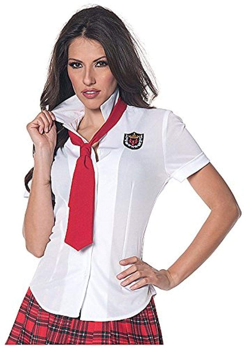 School Girl Fitted Shirt Women's Costume Features a White Short Sleeve Button Up Fitted Shirt with Embroidered Emblem Patch and 