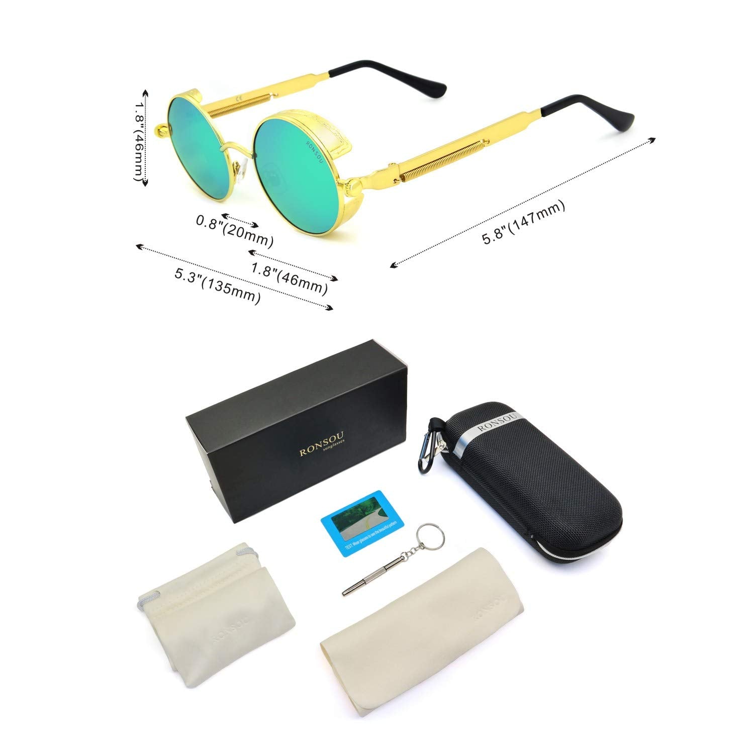 RONSOU Steampunk Style Round Vintage Polarized Sunglasses Retro Eyewear UV400 Protection Matel Frame Golden Frame Green Lens