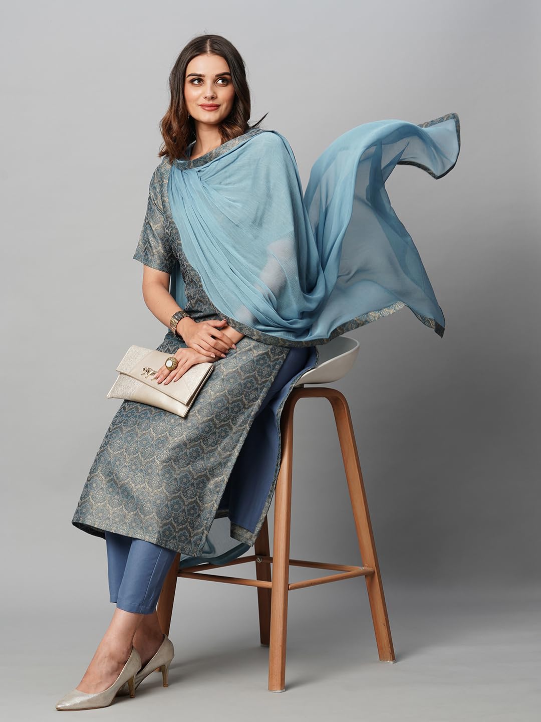 ANNI DESIGNER Ladies Cotton Blend Kurta with Trousers and Dupatta, Light Brown::Blue, L