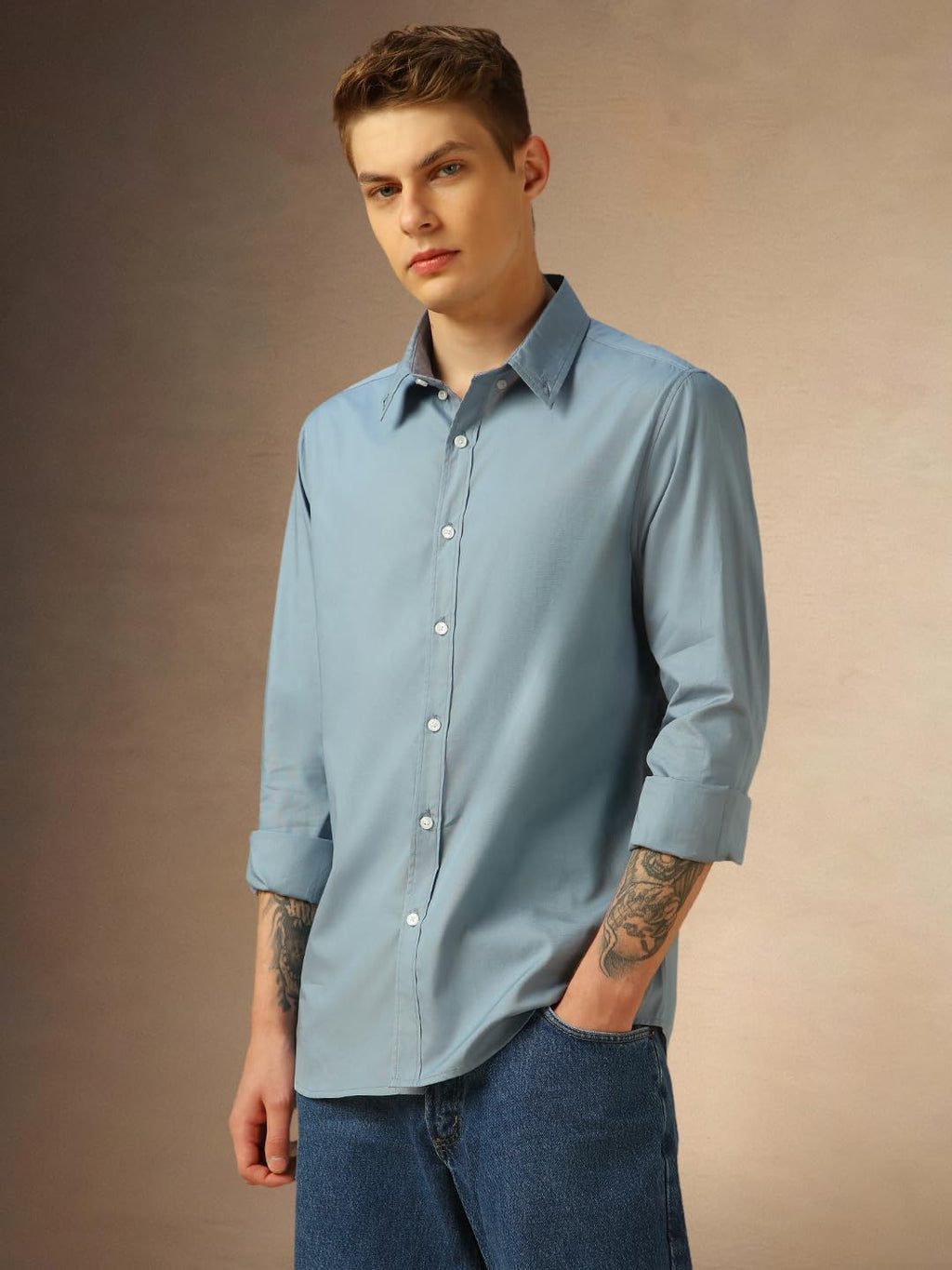 Dennis Lingo Solid Full Sleeves Button Down Collar Cotton Regular Fit Men Casual Shirt Dusty Blue
