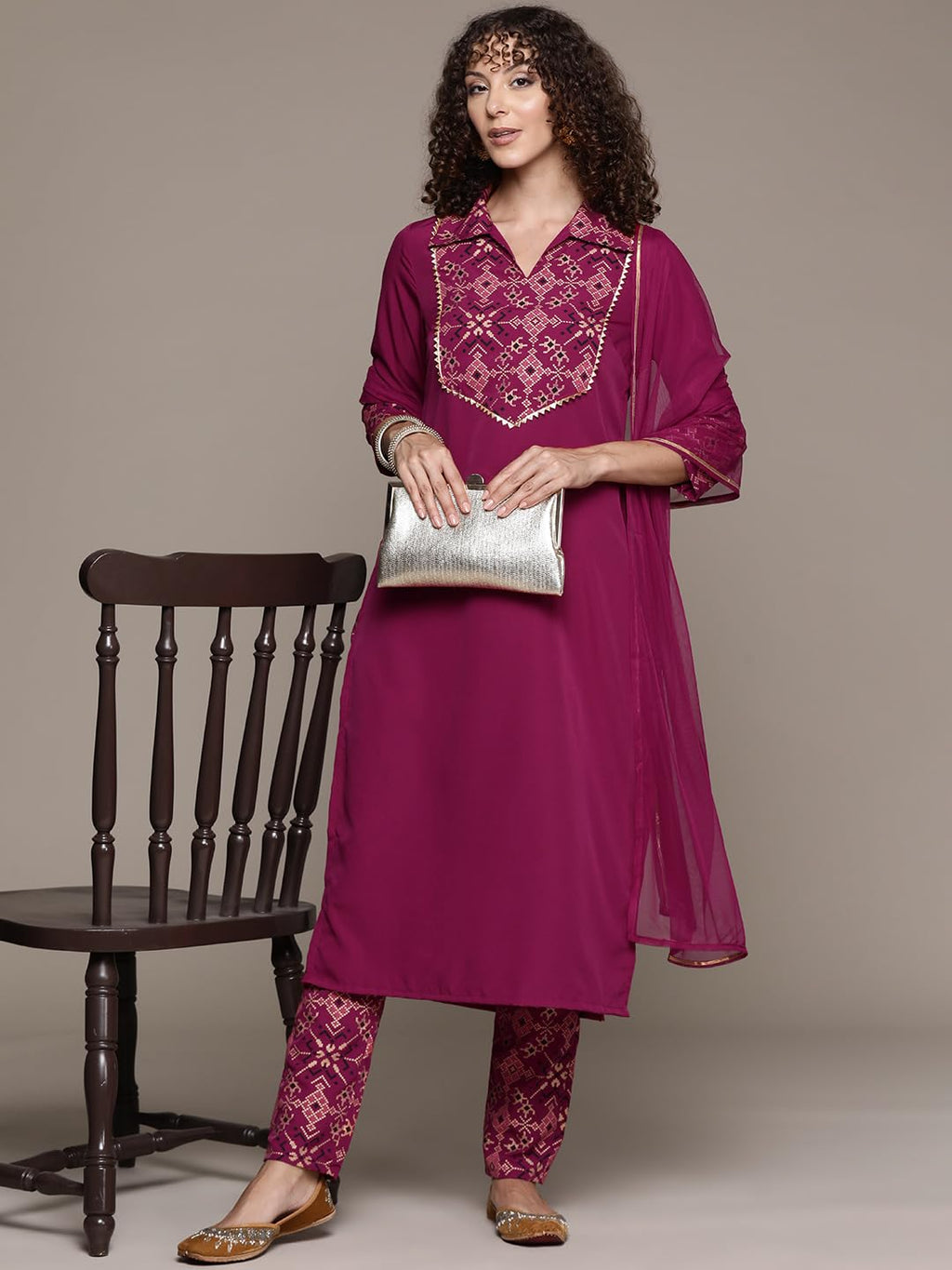 Ziyaa Women'S Maroon Crepe Kurta, Pant And Dupatta Set (Ziskdcr4074-3Xl