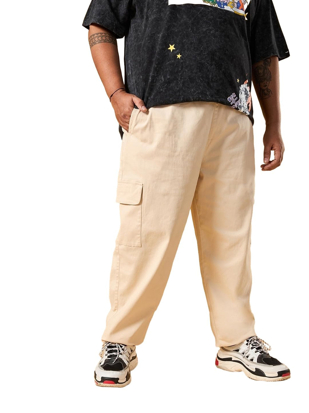 Bewakoof Mens Solid Regular Fit Cotton Blend Plus Size Cargo Carpenter Casual Pants_617491_Beige_38