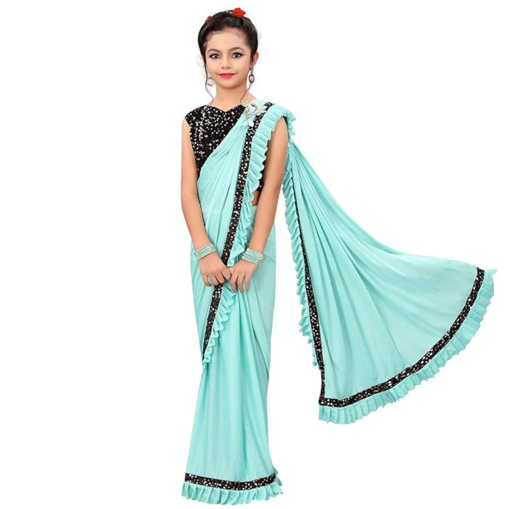 Dhyey Fashion Girls Lycra Blend Ruffle Pattern Saree With Velvet Unstitched Blouse Piece
