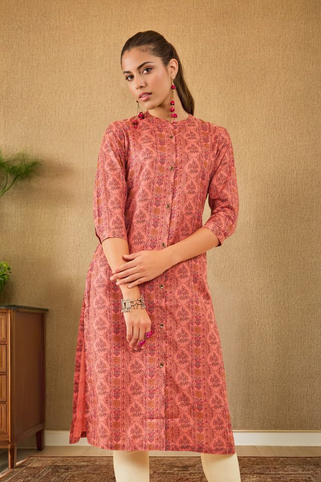 Soch Womens Peach-Coloured Rayon Floral Printed Straight Kurta