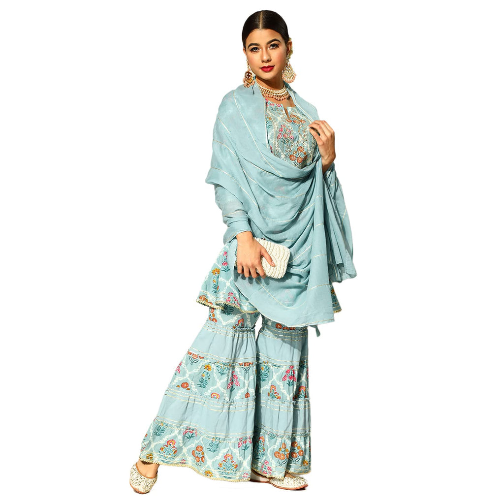 Ishin Women'S Cotton Blue Embroidered Anarkali Peplum Kurta Set With Sharara And Dupatta