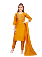 Aarika Girls Ethnic Wear Mustard Colour Zari Thread Embroidery Silk Kurti Pant Set (6-15 Years)