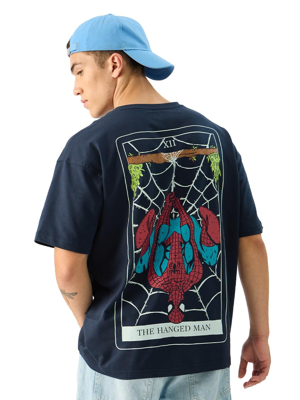The Souled Store Official Tarot: Spider-Man Short Sleeve Round Neck Navy Blue Graphic Printed Cotton Oversized T-Shirts for Men 