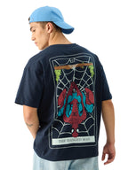 The Souled Store Official Tarot: Spider-Man Short Sleeve Round Neck Navy Blue Graphic Printed Cotton Oversized T-Shirts for Men 