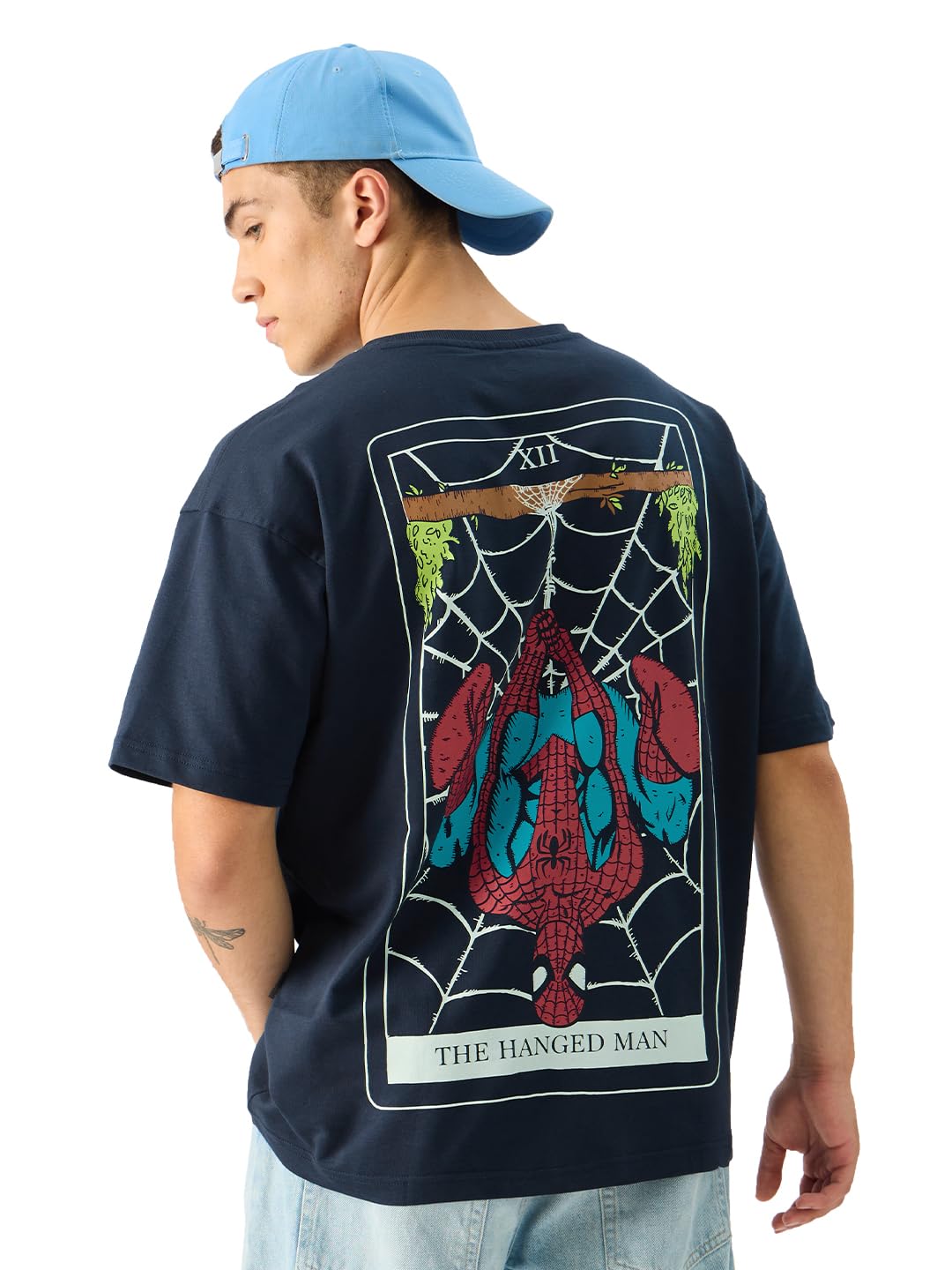 The Souled Store Official Tarot: Spider-Man Short Sleeve Round Neck Navy Blue Graphic Printed Cotton Oversized T-Shirts for Men 