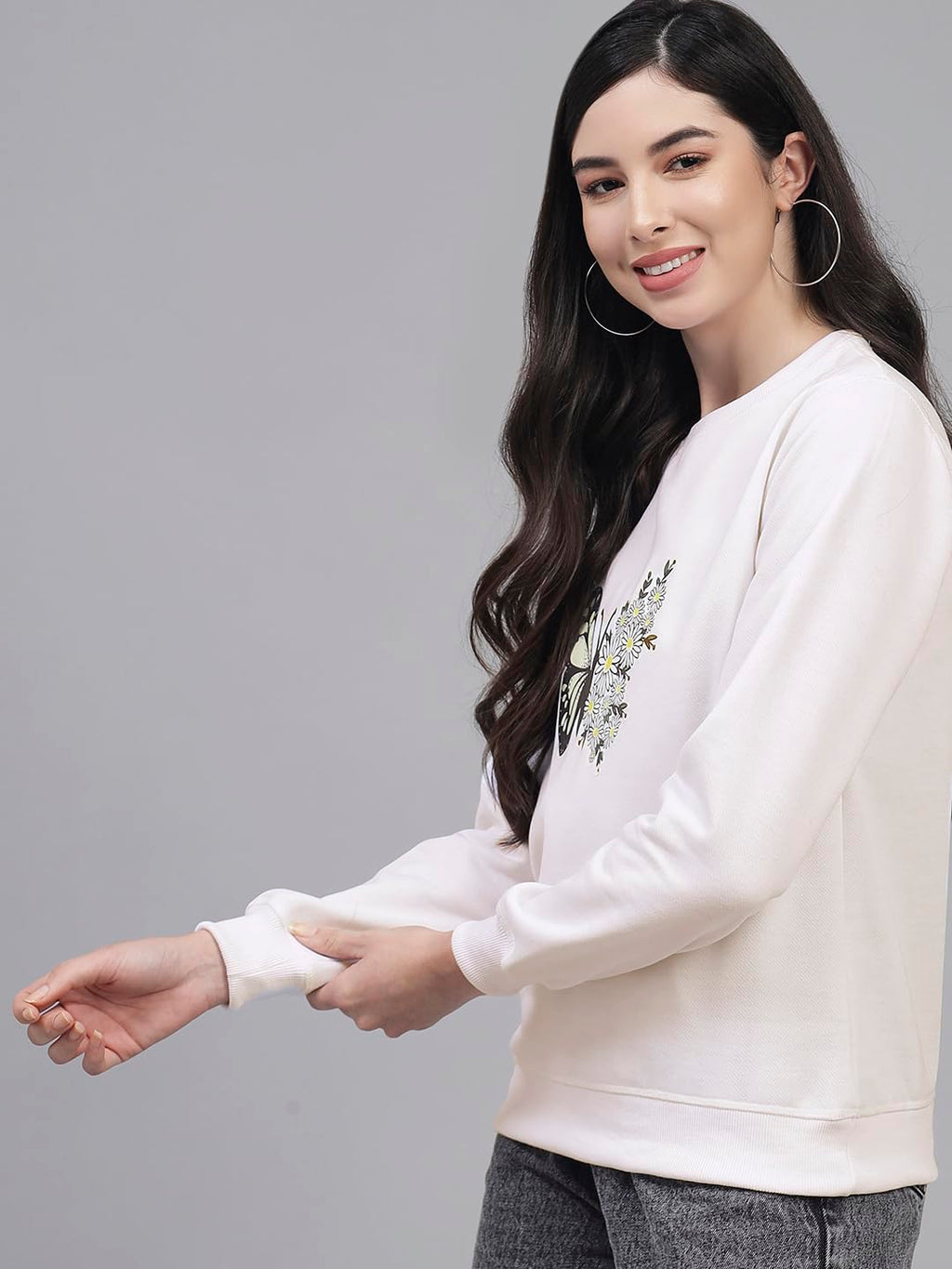 Kotty Women Full Sleeve Round Neck Sweatshirt Stone White
