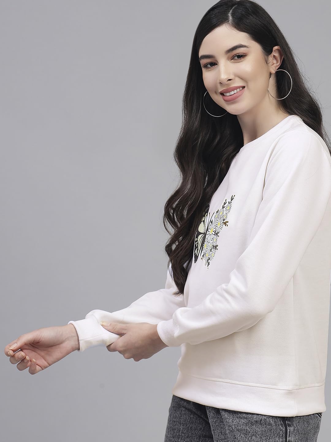 Kotty Women Full Sleeve Round Neck Sweatshirt Stone White