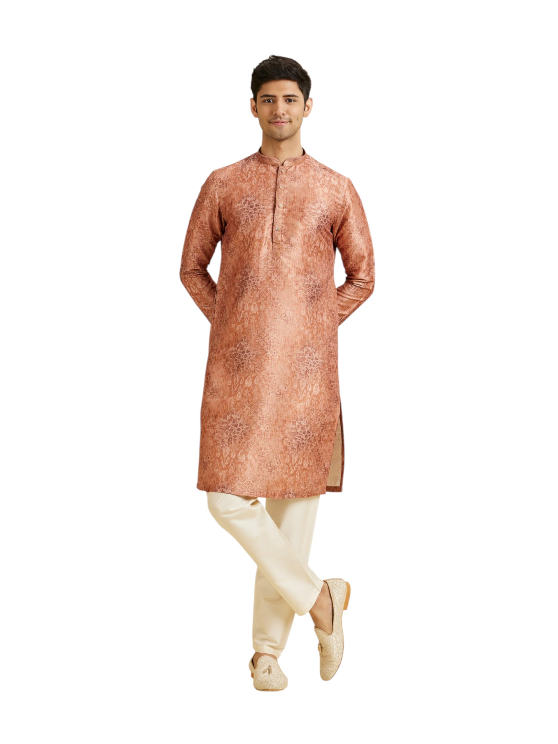 Manyavar Mens Art Silk Printed Kurta Set (Rust,XXL)