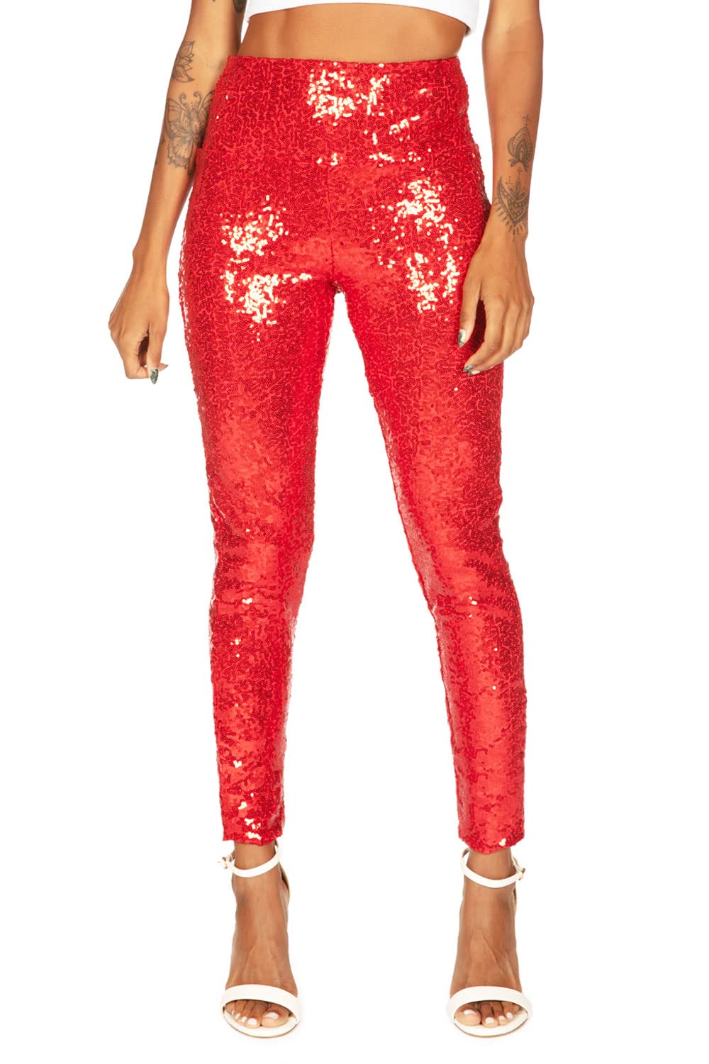 Tipsy Elves Red High Waisted Sequin Leggings for Women Size Medium