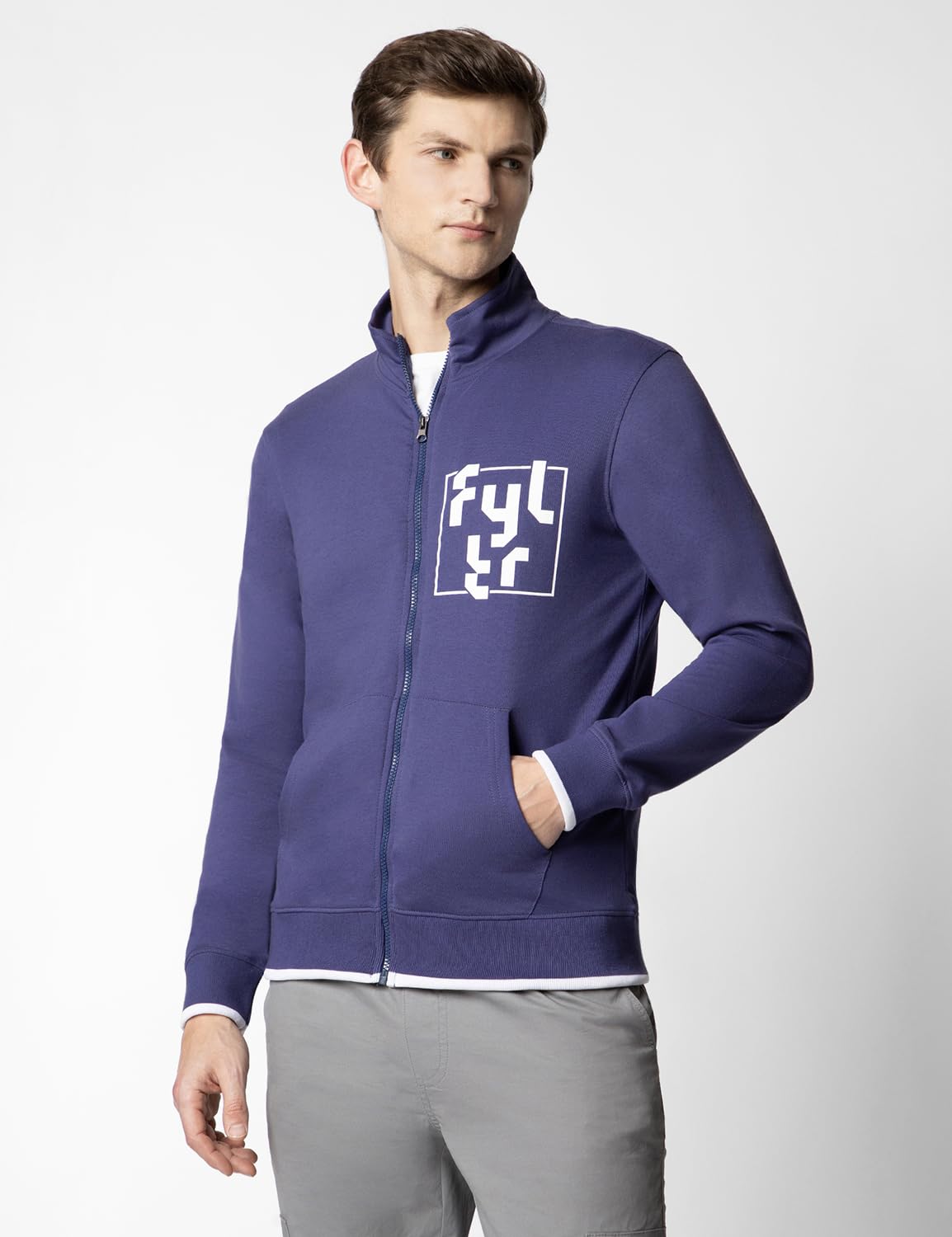 FYLTR Mens Casual Stand Collar Jacket With Rib Details - Full Zipper | Full Sleeve Branding | Casual Winterwear For Men