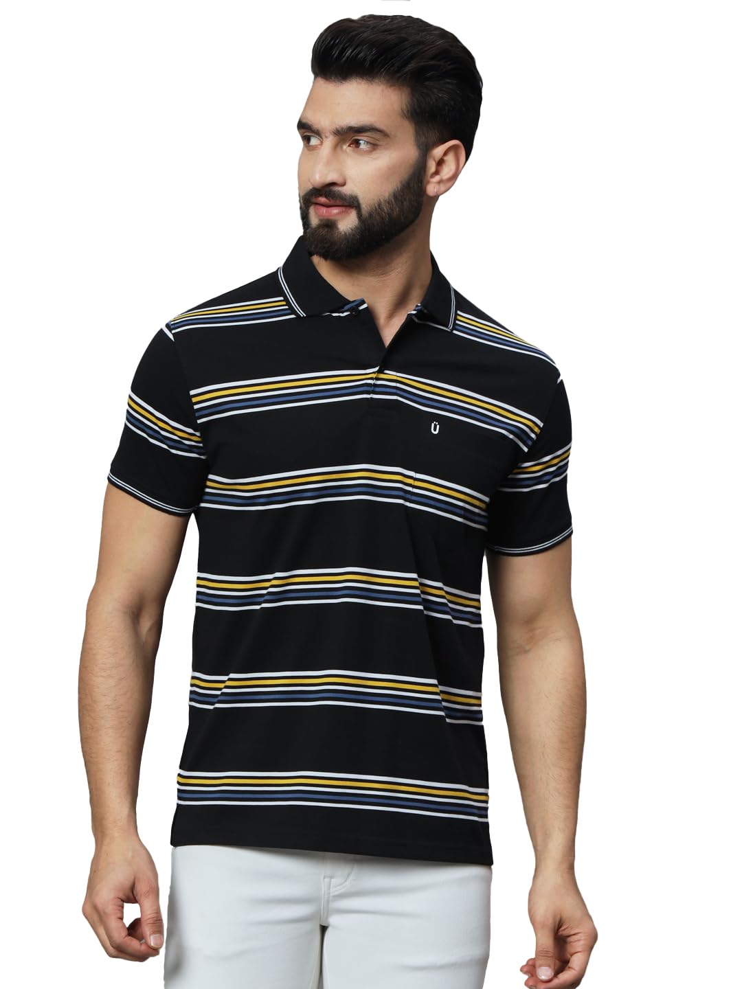 UNIBERRY Mens Cotton Blend Polo Collar Striper T Shirt Has A Short Sleeves & Pocket On ChestMT3NYL_XXL Navy Yellow 2