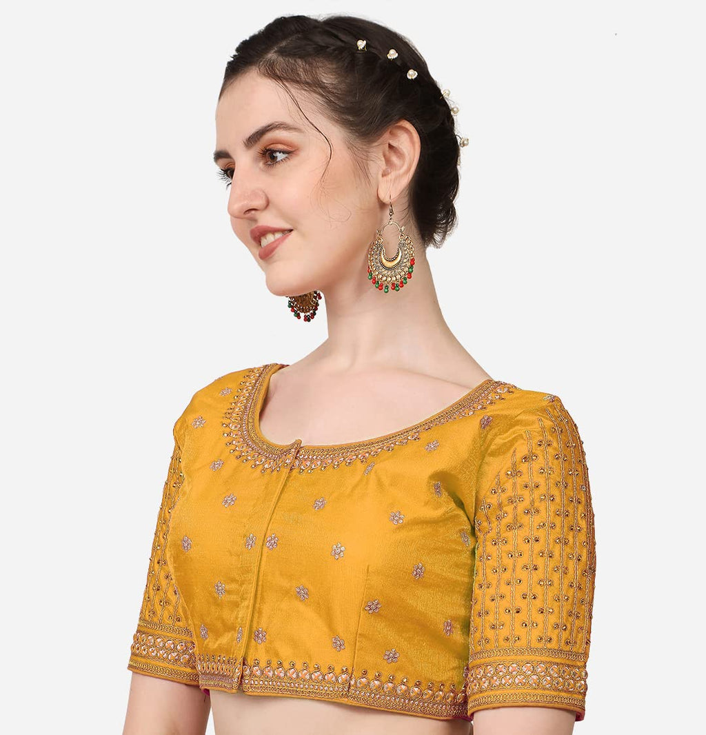Pujia Mills WomenS Cobra Silk Embroidery Coding Stone Work Half Sleeve Saree Blouse