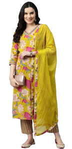 ANNI DESIGNER Womens Cotton Blend Straight Printed Kurta with Pant & Dupatta (GANITA Mustard_XXL_Mustard_XX-Large)