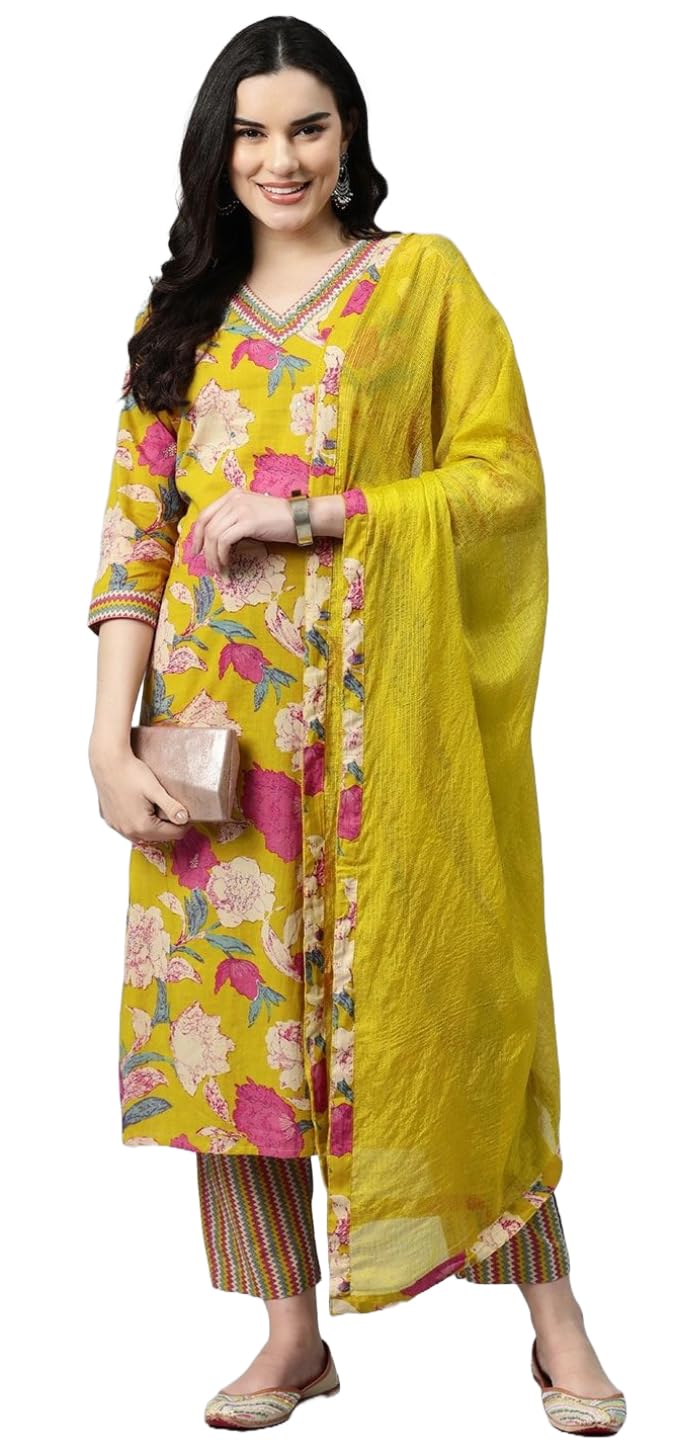 ANNI DESIGNER Womens Cotton Blend Straight Printed Kurta with Pant & Dupatta (GANITA Mustard_XXL_Mustard_XX-Large)